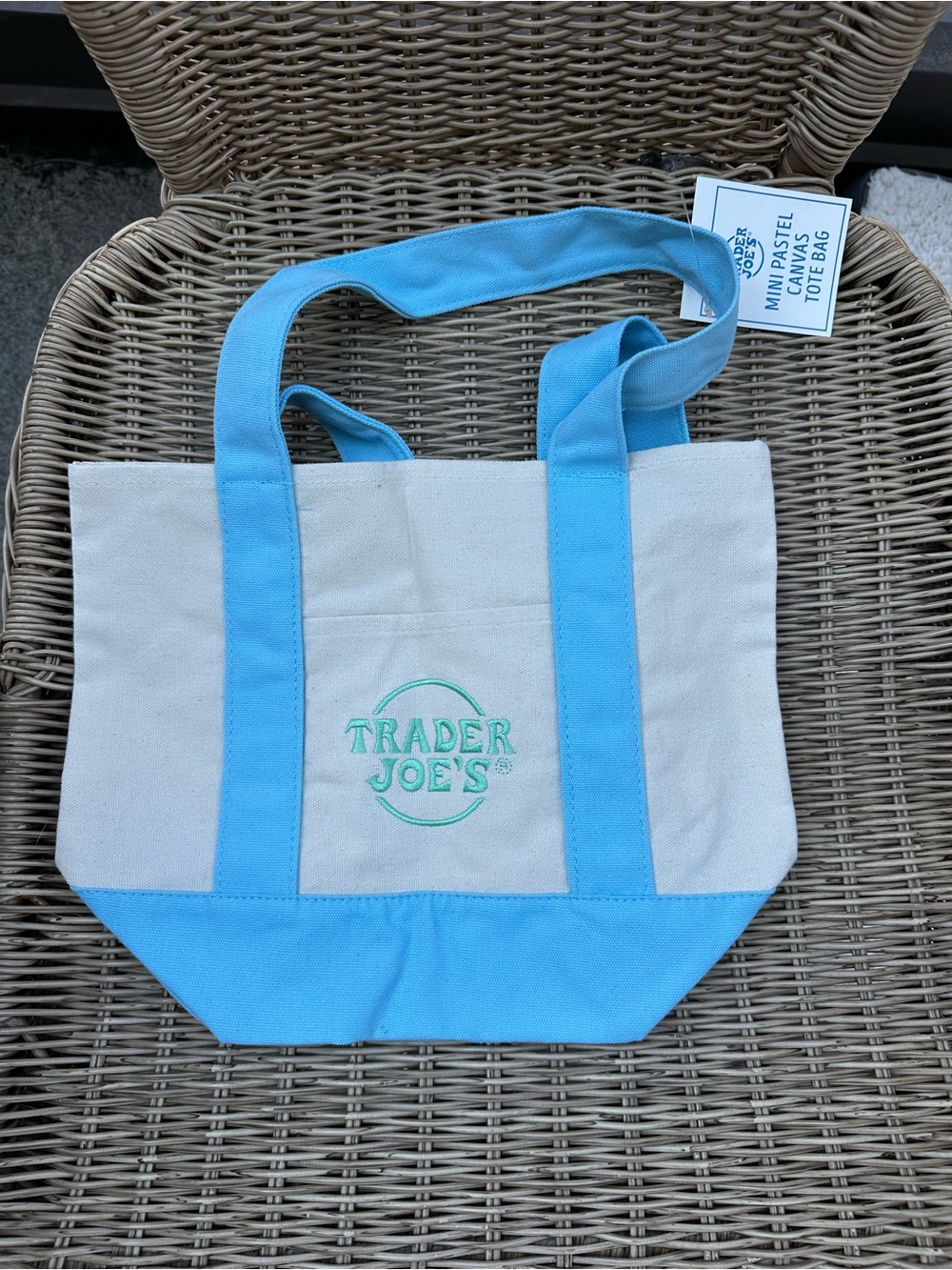 NWT Limited Edition Mini Trader Joe’s canvas bag in Pastel Blue